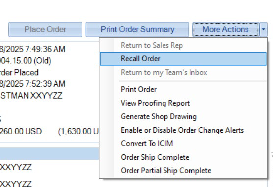 Recalling an Order in OMS